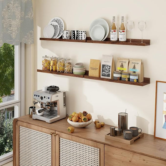 Axeman Picture Ledge Shelf | 24 Inch Walnut Floating Shelves Set of 4 | Rustic Wood Wall Shelves with Lip | 24" Walnut Picture Shelves for Wall with Ledge | Photo Shelves