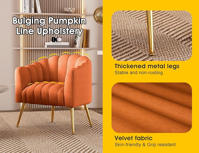 Dewhut Oversized Pumpkin Couch Accent Chair, Modern Comfy Velvet Upholstered Barrel Chairs, Luxury Single Sofa Armchair for Living Room, Waiting Room, Office and Vanity, (Orange)