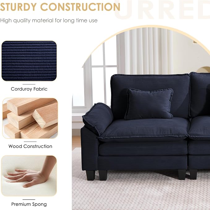 122" Corduroy Modular Sectional Sofa, Convertible U Shaped Modular Sofa Comfy Cloud Couch with Ottoman, Side Pockets and 3 Throw Pillows for Living Room, Blue, 5 Seats