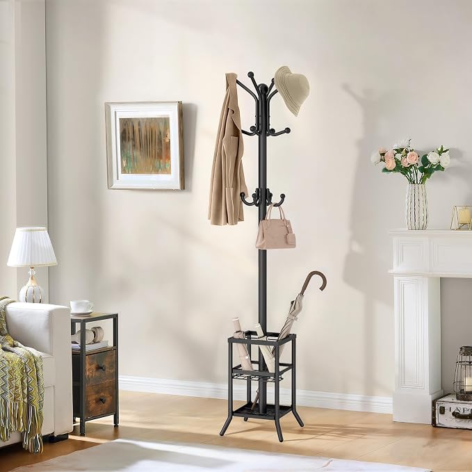 FAVOOSTY Coat Rack Freestanding,Coat Rack Stand with Umbrella Holder,Metal Coat Tree with 12 Hooks,Tree Clothes Hat for Entryway, Hallway, Bedroom, Living Room & Office -Black