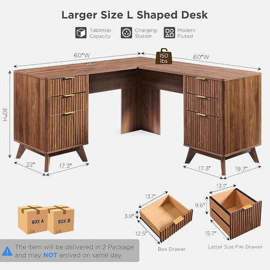 T4TREAM 60'' Fluted Executive L Shaped Desk, Modern Home Office Desk with Charging Station and File Drawer, Computer Corner Desks with Drawers & Storage Cabinet for Office Home, Bedroom, Light Walnut