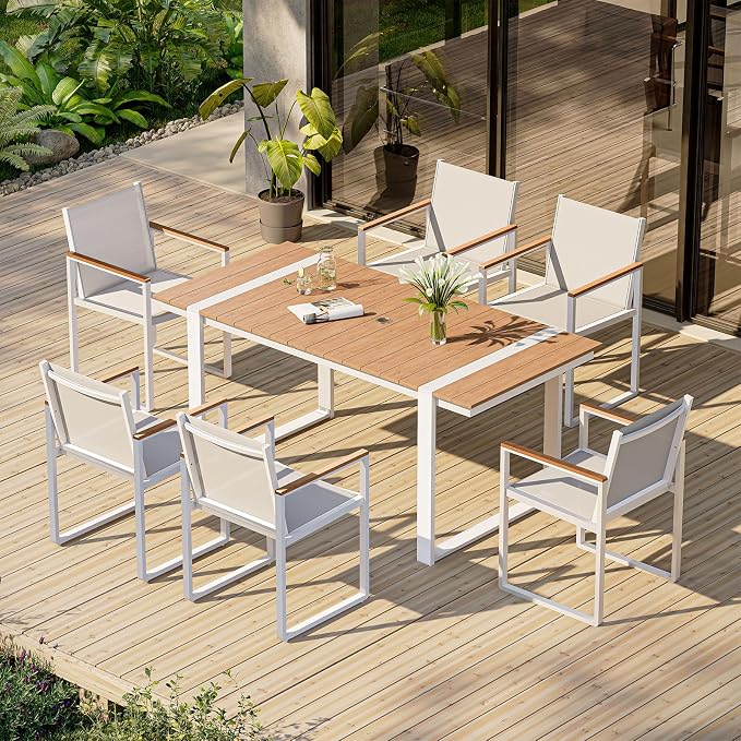 Outdoor Dining Chairs Set of 2, Aluminum Patio Dining Chiars with Textilene Mesh, 2 Piece Outdoor Chiars for Garden, Backyard, Deck (White-Teak)