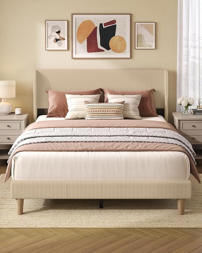 Bestier Queen Bed Frame with Wingback Headboard,Upholstered,Taque | Wingback Headboard,Easy Assembly,No Squeaks,Vertical Channel Corduroy Upholstered,Wooden Slats Support,No Box Spring Needed