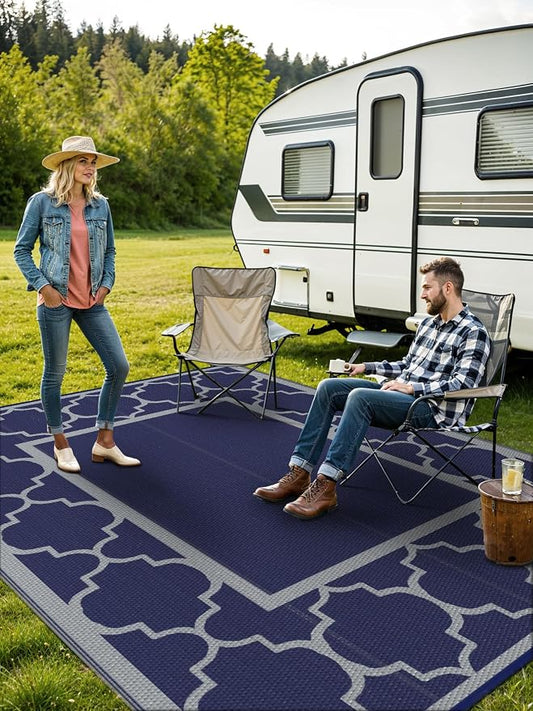 GENIMO 4 ' x 6 ' Outdoor Rug for Patio Clearance, Waterproof Indoor Outdoor Plastic Straw Rugs Carpet, Reversible Outside Area Rv Mat for Camping, Balcony Porch, Deck, Picnic, Beach (Blue & Gray)
