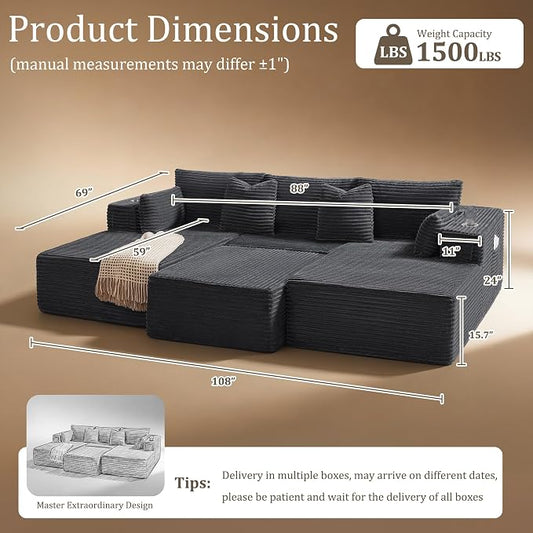 108" Cloud Sectional Couch, Comfort Sleep Sofa for Living Room, Extra Deep Seats No Assembly, Minimalist Modular Couch, Corduroy (Dark Grey, Widen Loveseat Chaise)