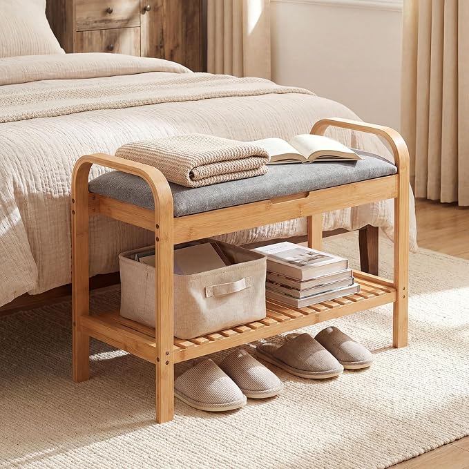 Giantex Small Entryway Bench with Storage, 2-Tier Bamboo Shoe Rack Bench with Flip Top Storage Space and Padded Cushion, Shoe Organizer for Entryway, Living Room, Hallway, Bedroom,Natural