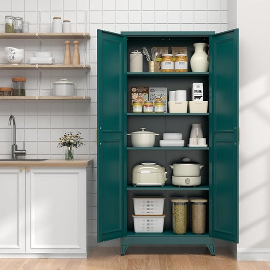 UNICOLY 75" Kitchen Pantry Cabinet, Tall Storage Cabinet with Doors and 4 Shelves, Metal Storage Cabinets for Kitchens, Living Room, Dinning Room, Assembly Required, Green