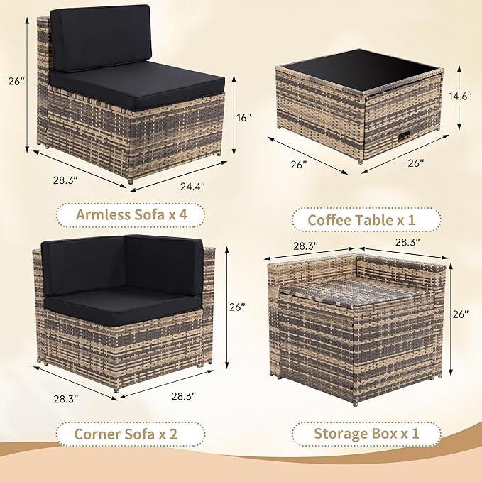 KROFEM 8-Piece Patio Furniture Set, Outdoor Wicker Rattan Sectional with Thick Cushions, Glass Top Table with Hidden Storage, Outdoor Conversation Set for Backyard, Porch, Patio, Black