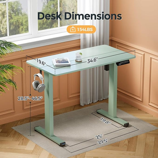 Small Electric Standing Desk, 35" ×20" Standing Table, Height Adjustable Compact Sit Stand Workstation with Splice Board, Home Office Desk with 2 Hooks, Sage Green