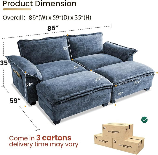 KKL Modular Sectional Sofa Bed, 4 Seater Cloud Couch with Ottoman, Chenille Sectional Couches for Living Room, Apartment,Blue