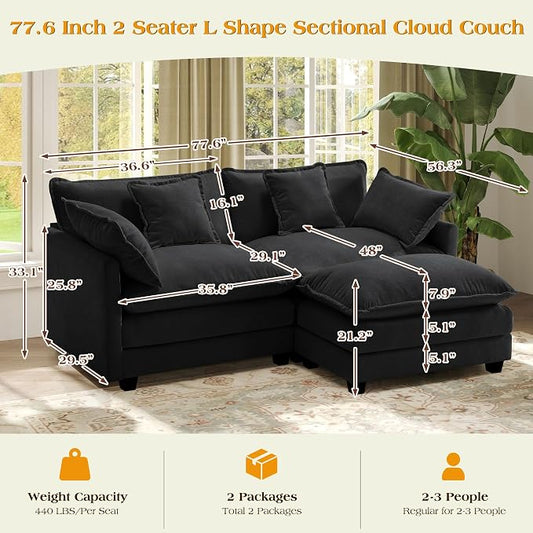77.6" Modular Sectional Sofa,Loveseat Couch for Living Room, Modern Deep Seat Sofa 2 Seater Chenille Fabric Comfy Cloud Couches with Throw Pillows & Ottoman for Apartment,Small Spaces