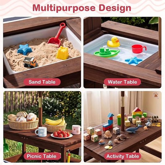 Costzon 4-in-1 Kids Picnic Table with Umbrella, Sand & Water Sensory Bins | Wooden Toddler Outdoor Table with Benches, Cushions, Cover, Gardening Tools, Kids Outdoor Furniture for Patio Backyard