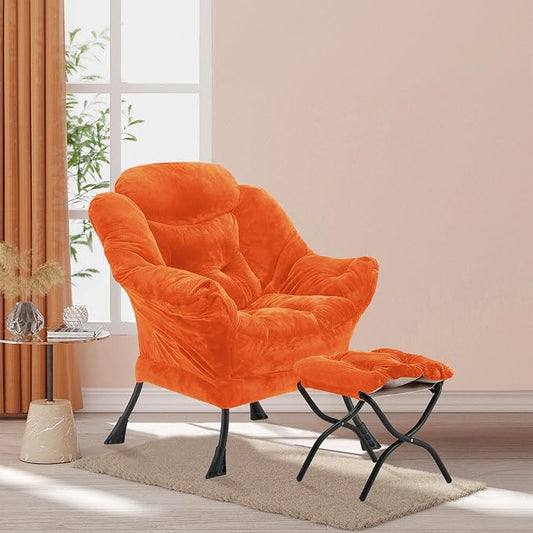 Youtanic Lazy Chair with Folding Ottoman, Accent Chair Plush Upholstered with Metal Structure and Non-Slip Pads, Sofa Armchair with Footrest and Side Storage Bag for Dorm, Room, Office, Orange