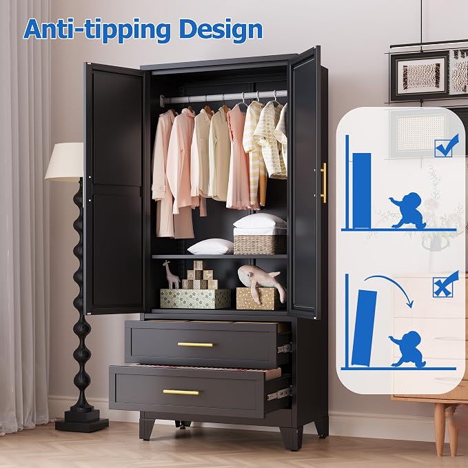 GAIOUS Steel Armoire Wardrobe Closet with Mirror and 2 Drawers 71" Black | Clothes Storage Cabinets with 2 Doors, 1 Adjustable Shelf, Metal Wardrobe Cabinet with Hanging Rod for Bedroom, Gym, Cloak