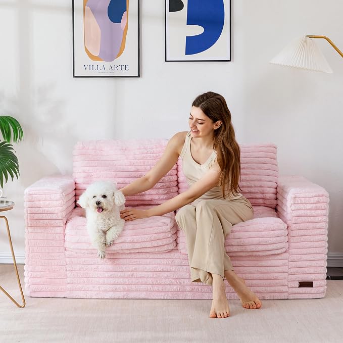 MAXYOYO Boneless Loveseat Sofa Couch for Adults, Floor Bean Bag Couch Sofa | Faux Fur Sofa with Armrests and Back Support, Plush Foam Filled Lounge Couch, Cozy Bean Bag Couch for Living Room, Apartment