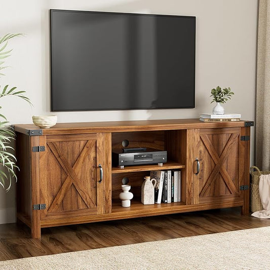 YESHOMY Modern Farmhouse TV Stand with Two Barn Doors and Storage Cabinets for Televisions up to 65+ Inch,Entertainment Center Console Table,Media Furniture for Living Room,58 Inch, Walnut,YH-TS103DWA