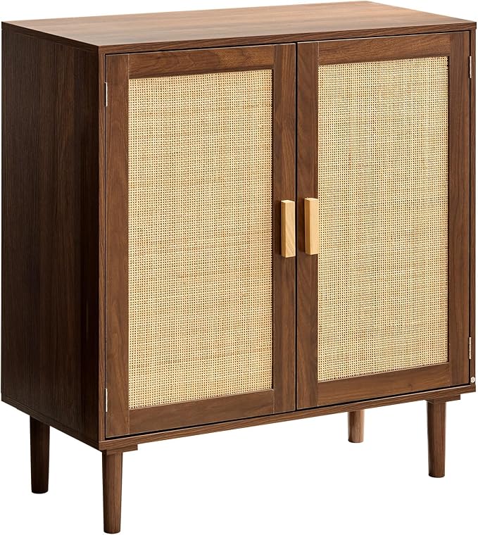 VEVOR Rattan Cabinet, Rattan Storage Cabinet with 2 Magnetic Doors and Adjustable Shelves, Accent Sideboard Buffet with Wooden Legs & Power Cord Hole for Hallway, Entryway, Living Room, Kitchen, Brown