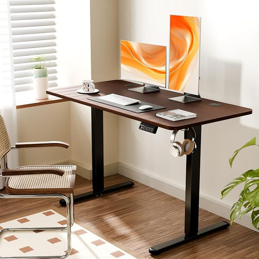 ERGOMAKER Electric Standing Desk, 47.2" x 23.6" Height Adjustable Sit Stand Desk with Splice Board for Home Office, Computer Desk Memory Preset (Black Frame, Walnut Desktop)