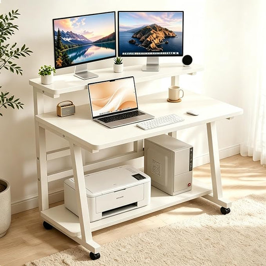 39.4 Inch Compact Rolling Computer Desk with Tier Worktable & Lockable Wheels, Small Computer Desk, Small Desk for Bedroom, Mobile Writing Workstation Easy Assembly for Home Office Small Spaces