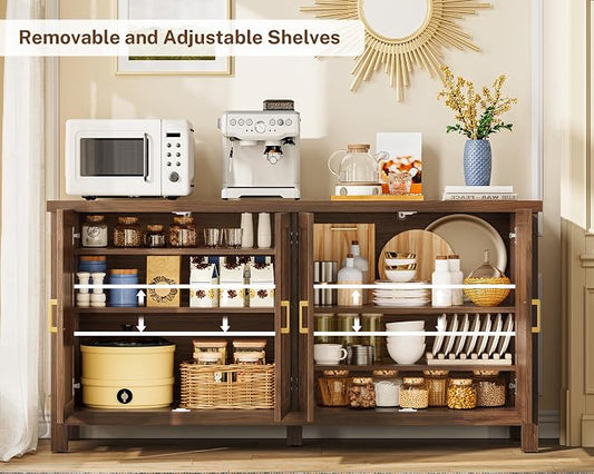 usikey Buffet Cabinet with Storage, 55" Fluted Sideboard Cabinet with 4 Adjustable Shelves, Modern Coffee Bar with 4 Doors, Coffee Bar Cabinet for Kitchen, Walnut