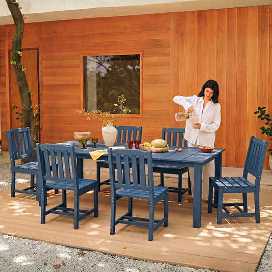 Perli™ 7-Piece Outdoor Dining Set, All-Weather HDPE Patio Table and 6 Chairs with Umbrella Hole, UV-Resistant Composite Wood Dining Furniture for Deck, Backyard, Poolside, Blue