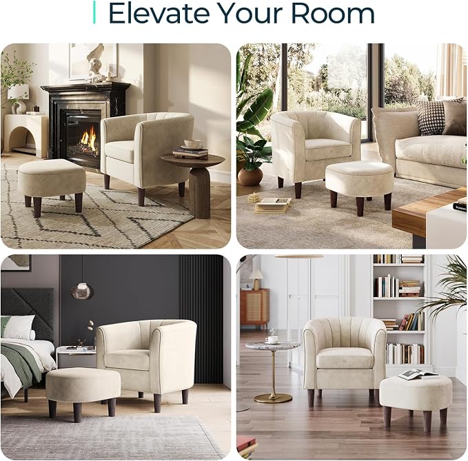 LINSY Accent Chair Set of 2, Velvet Barrel Chair with Ottoman, Modern Comfy Small Armchair for Small Spaces Reading Room Living Room Bedroom Kids Room Office, Beige