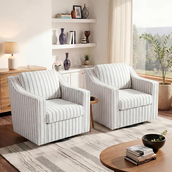 Swivel Accent Chair, Modern Round Barrel Arm Chair for Living Room, Bedroom, Comfy Club Reading Chairs for Adults (Pinstripe Light Brown, Set of 2)
