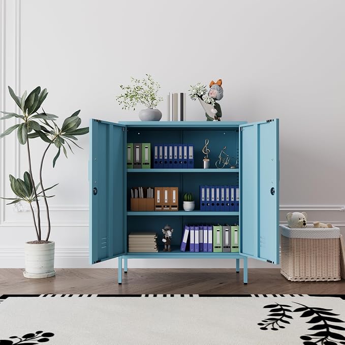 Blue 3 Tier Metal Storage Cabinet with Legs, Lockable 2 Door Metal Locker, Heavy Duty Multipurpose Accent Storage Cabinet with 2 Adjustable Shelves for Home, Office, Entryway and Hallway