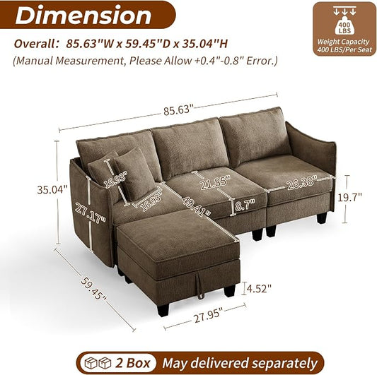 WorthFurni Modular Sectional Sofa L Shape Couches with Storage Ottoman and Washable Cushion Cover for Living Room, Apartment, Bedroom(Brown)