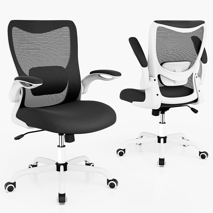 MUXX.STIL Office Chair, Ergonomic Desk Chair with Adjustable Lumbar Support and Flip up Armrest, Breathable Mesh Computer Chair for Home Office, White