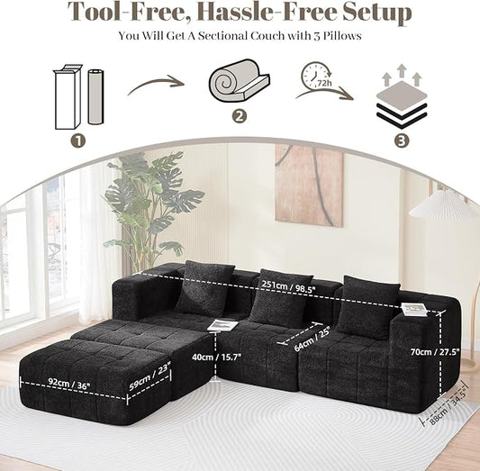 Modular Sectional Sofa with Deep Seat, 98'' Boneless Cloud Couch No Assembly Required, Modern Plush Corduroy Cloud Couches for Living Room & Apartment (3 Seat w/ 2 Ottoman), Black
