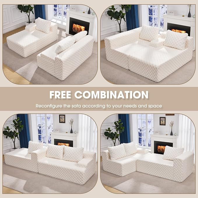 Hobestluk Boneless Couch Modular Sectional Sofa L-Shape Couch 3 Seat Modular Couch Memory Foam Sectional Couches for Living Room Furniture, Cloud Couch with Chaise Lounge (96" Left Facing Chaise)
