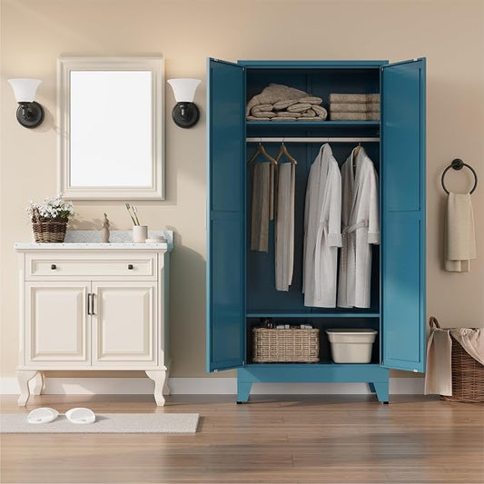Metal armoire Wardrobe Closet with Hanging Rod,71'' Metal Wardrobe Cabinet with 2 Doors and 2 Adjustable Shelves, Bedroom armoires,Laundry Room cabinets,armario de ropa Closet