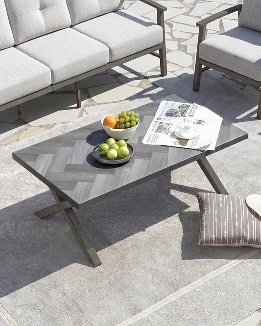 Never Rusts Aluminum Outdoor Coffee Table, All-Weather Rectangle Patio Coffee Table with Resin Tabletop, Modern Outdoor Furniture Table for Patio, Poolside, Garden, Balcony, Limed Oak