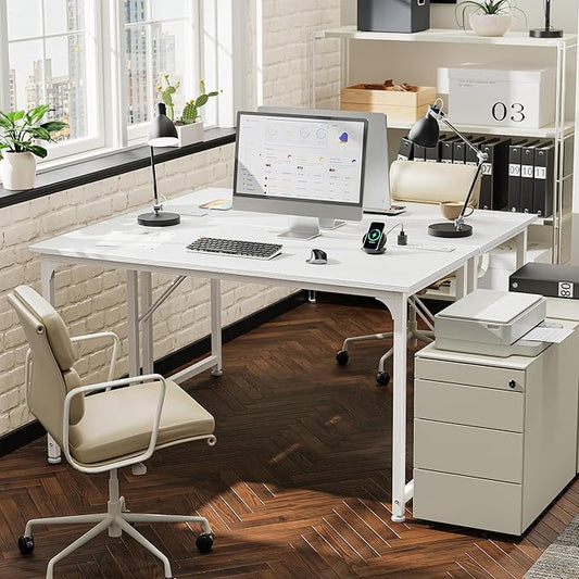 PRAISUN 47 X 20 Inch Office Computer Desk with Power Outlets and USB-C Port, Larger Gaming Desk, for Home Office, Study, Bedroom, Writing Work from Home Table, Metal Frame, White