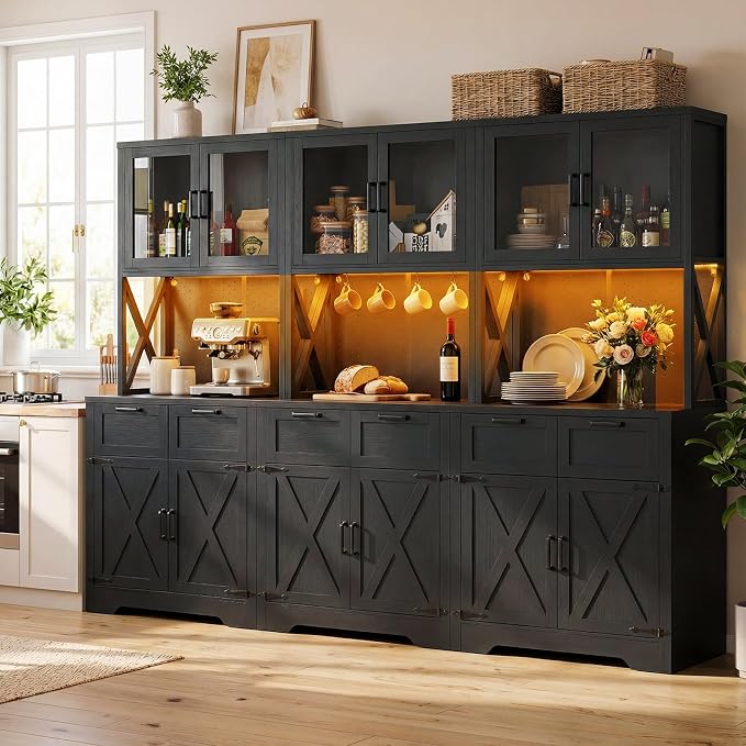 Unikito 94.5" Extra Wide Kitchen Pantry Cabinet with 3 Power Outlets & LED Light, 71" Tall Large Kitchen Hutch Cabinet with Countertop, DIY Pegboard with Hooks & Drawers, Farmhouse Food Pantry, Black