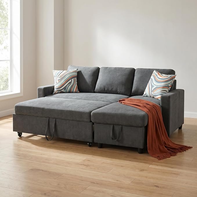 Pull Out Couch, L Shaped Sectional Couch with Pull Out Bed, Convertible Sofa Bed with Storage Chaise, Queen Size Sleeper Sofa, Sofa Bed Couch, Sleeper Sofa with Storage, Dark Gray