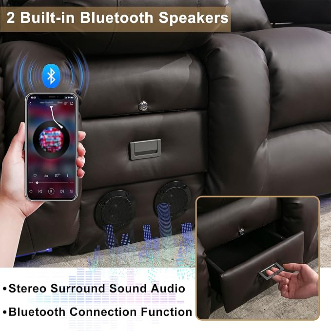 URRED Power Loveseat Recliner Sofa with Massage and Heat, Wall Hugger Reclining Loveseat with Console, RV Couch Home Theater Seating with LED Lights for Living Room (Dark Brown, 67" - 2 Seats)