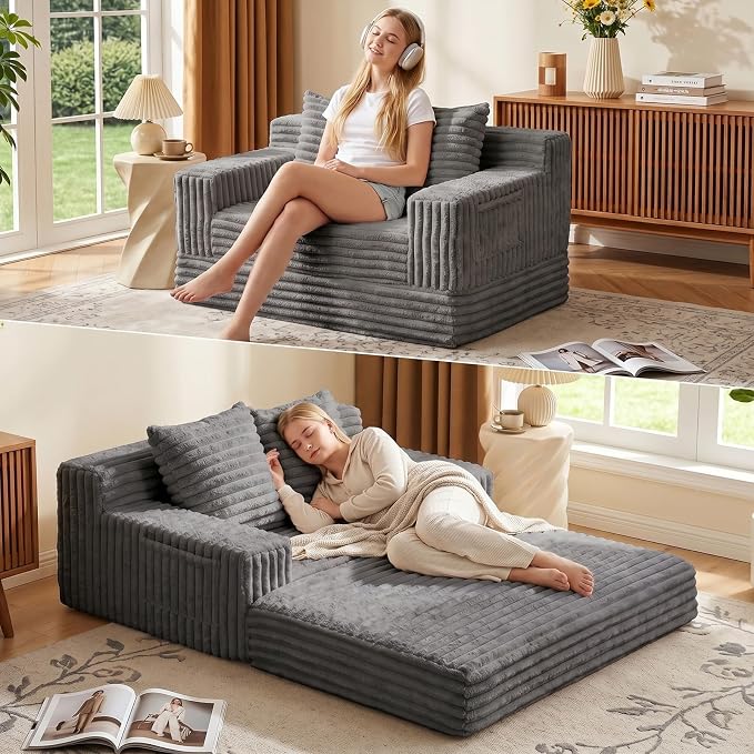 Erament Boneless Loveseat Convertible Sofa Bed, Folding Floor Futon Sleeper Sofa Couch Bed- Boneless Foldable Couch, Corduroy Pull Out Sofa Bed with 2 Pillows for Living Room & Bedroom