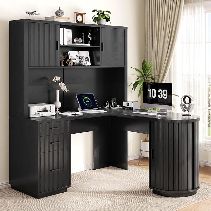 ONBRILL 70.87“H L Shaped Executive Desks with Hutch, Fluted Corner Desk with 3 Drawers & Charging Outlets, Mid-Century Wood Home Office Desk with Sliding Door for Work and Study,Black