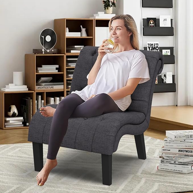Tufted Upholstered Accent Chair for Living Room Bedroom Lounge Chair Armless Linen Slipper Chair with Wood Legs Gray