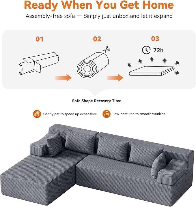 MONVANE 106" Cloud Sectional Couch with L-Shaped Chaise, Modular Sectional Sofa with Deep Seat and Removable Armrests, Comfy Corduroy Boneless Couches for Living Room, No Assembly Required, Grey