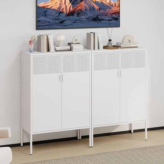 47''H White Metal Storage Cabinet with 2 Adjustable Shelves, 2 Door Accent Cabinet, 3-Tier Metal Locker with Vent Hole, TV Stand for Entryway, Home Office, Music Studio, Home Office