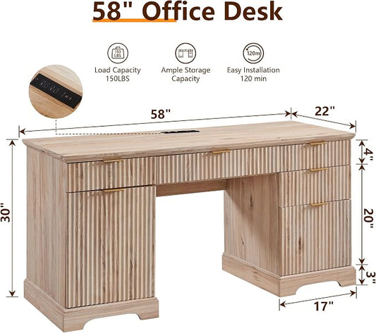 58" Modern Wood Executive Desk with 5 Drawers & 1 Cabinet, Built‑in Outlet | Wood Home Office Desk with 5 Drawers & 1 Cabinet, Fluted Computer Writing Desk for Study, Living Room, Bedroom, Oak