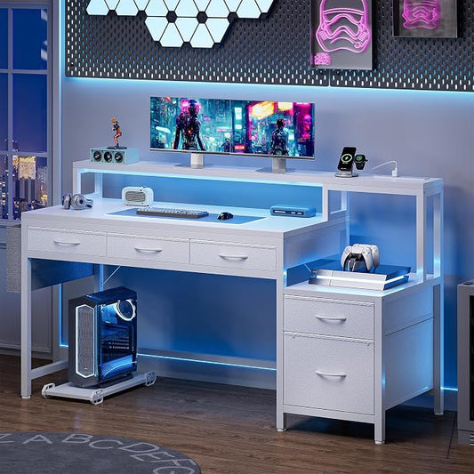 REAHOME 61 Inch Gaming Desk with Charging Station and LED Lights, Reversible Computer Desk with Storage Drawer and Monitor Stand, Modern Desk Table with File Cabinet & Side Pocket, Carbon Fiber White