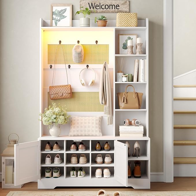 Maupvit 67" Tall Modern Boho Hall Tree with Bench and Shoe Storage, Entryway Fluted Coat Tree, Mudroom Bench with Rattan Door, 7 Coat Hooks, Adjustable LED Light for Garage, Halls,Rustic White