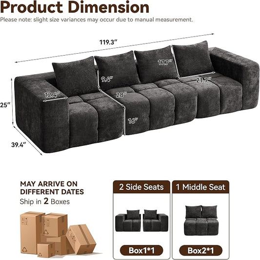 119" Oversized 3 Seater Boneless Couch, Comfy Cloud Modular Sectional Sofa with Deep Seat, Modern Memory Foam Boneless Couches for Living Room, Tufted Sofa, No Assembly Required, Dark Grey