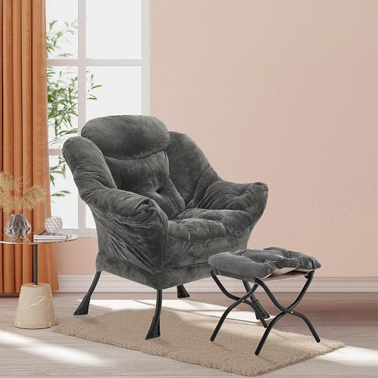 Youtanic Lazy Chair with Folding Ottoman, Accent Chair Plush Upholstered with Metal Structure and Non-Slip Pads, Sofa Armchair with Footrest and Side Storage Bag for Dorm, Room, Office, Dark Gray