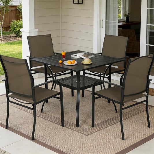 SUNCROWN 5 Pieces Outdoor Dining Set, Patio Furniture Set with 4 x Textilene Dinning Chairs and 1 Steel Slat Metal Bistro Table for Lawn Garden Backyard Deck - Brown