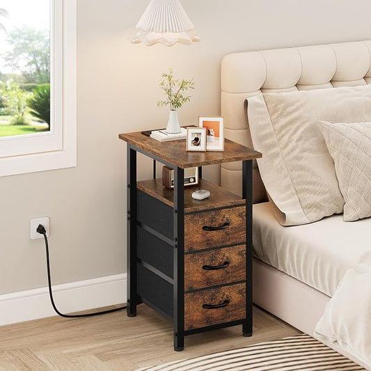 Vagusicc Set of 2 Night Stand with Charging Station, Narrow Nightstand with U-S-B Ports and Outlets, Small Night Stand 3 Fabric Storage Drawers, Small Bedside Table, Rustic Brown